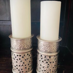 Pair of Embossed Filigreed Pewter Candle Holders